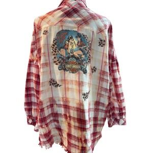 UPCYCLED Women's Button Down Shirt, Harley Davidson Graphic, Sz S